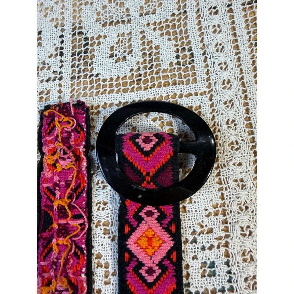 Vtg Woven Geometric Diamond Belt Pink Orange Boho Textile Black Round Buckle 33
